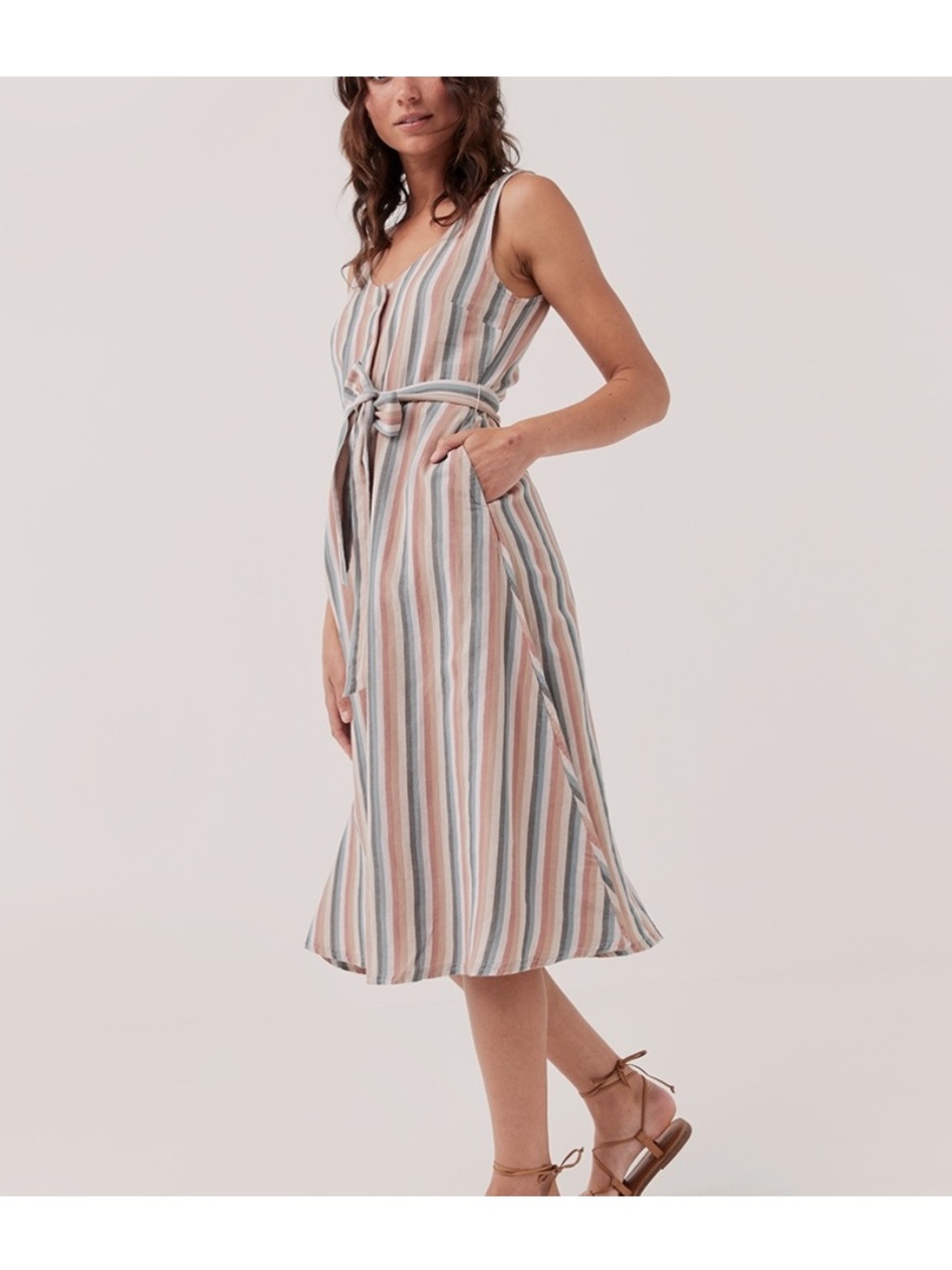 NWT Pact Stucco Vertical Stripe Harbour Midi Dress Sz M Cotton Linen Blend - Picture 3 of 12
